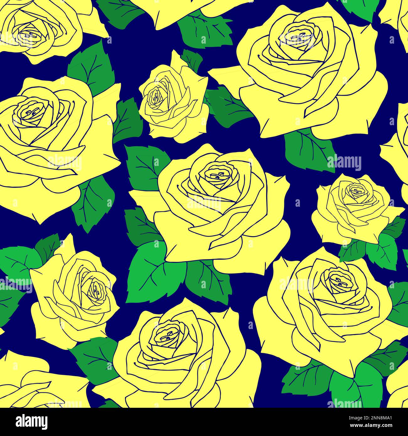 seamless pattern of large yellow rose flowers with leaves on a blue ...