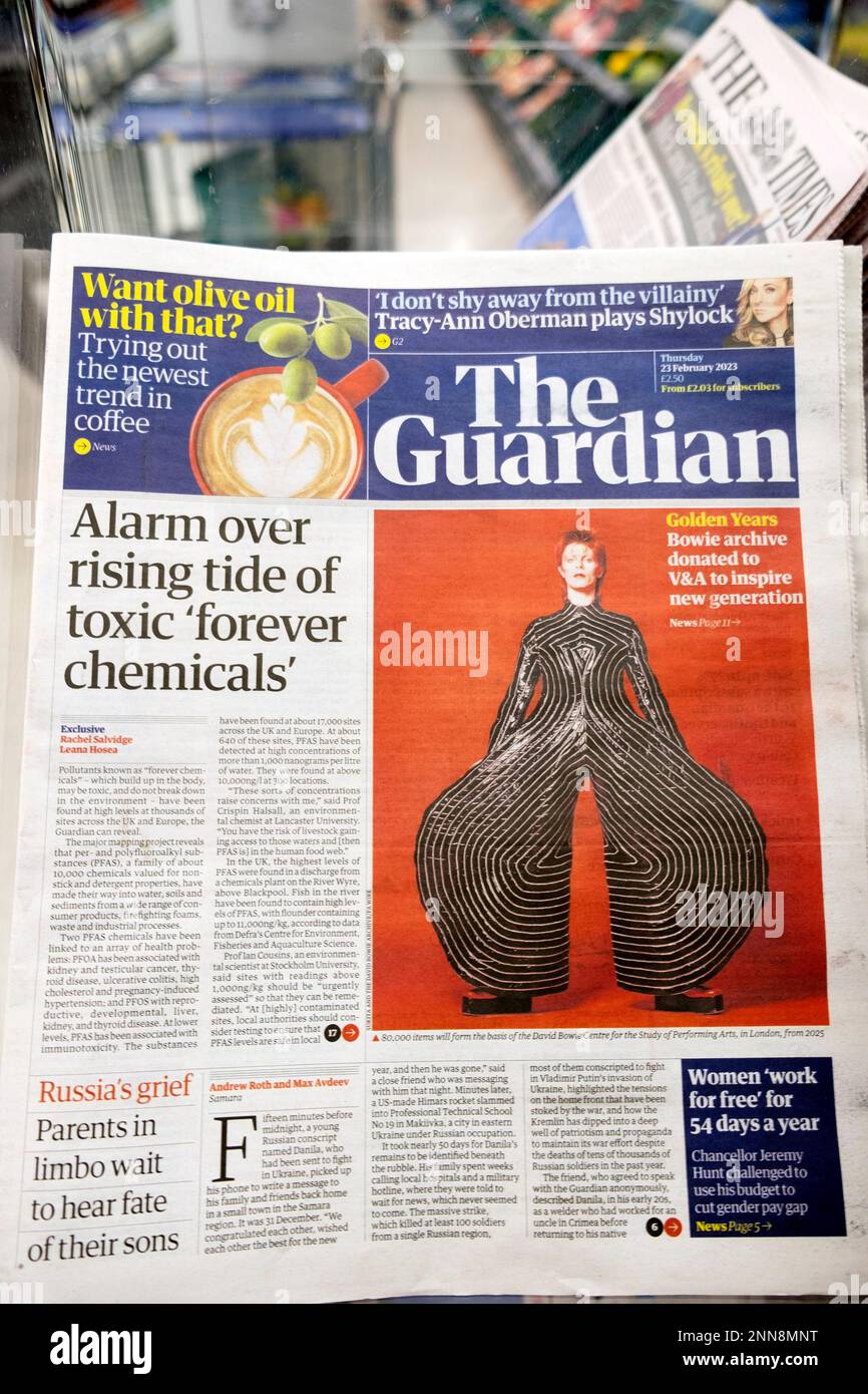 'Alarm over rising tide of toxic 'forever chemicals' Guardian newspaper headline PFAS chemical pollutants article 23 February 2023 London UK Stock Photo