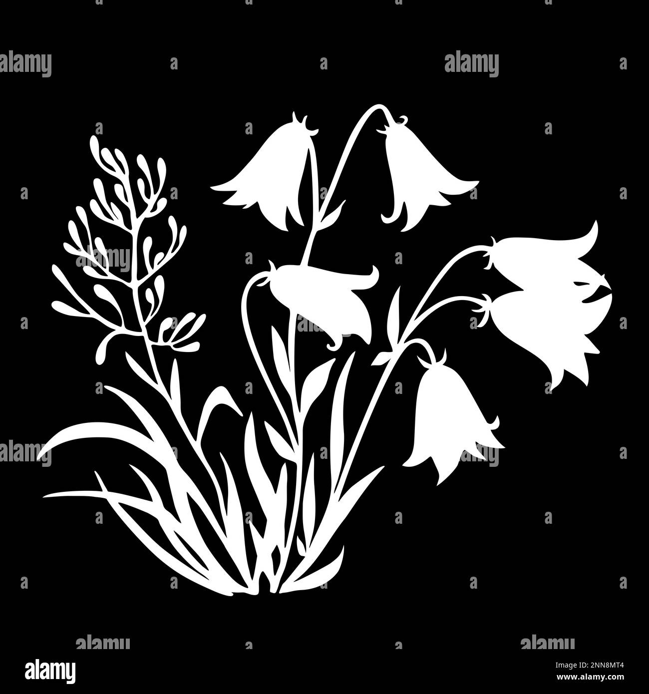 white contour drawing of a flower on a black background, logotype, monochrome design Stock Photo