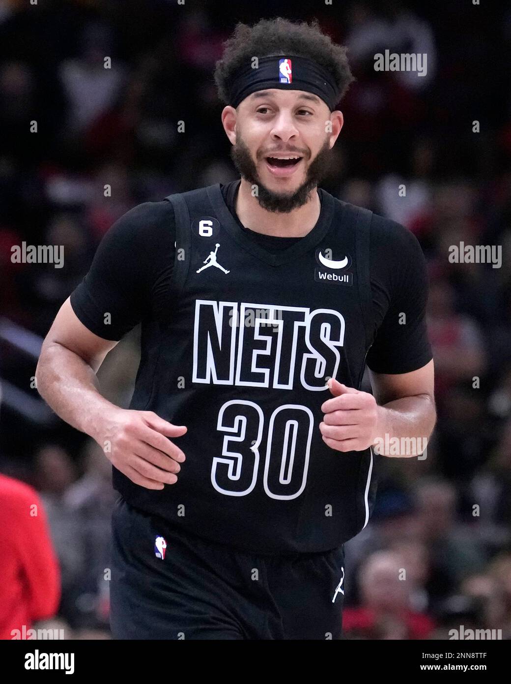 Brooklyn Nets' Seth Curry heads down court after shoots a three-point  basket during an NBA basketball game against the Chicago Bulls Friday, Feb.  24, 2023, in Chicago. (AP Photo/Charles Rex Arbogast Stock