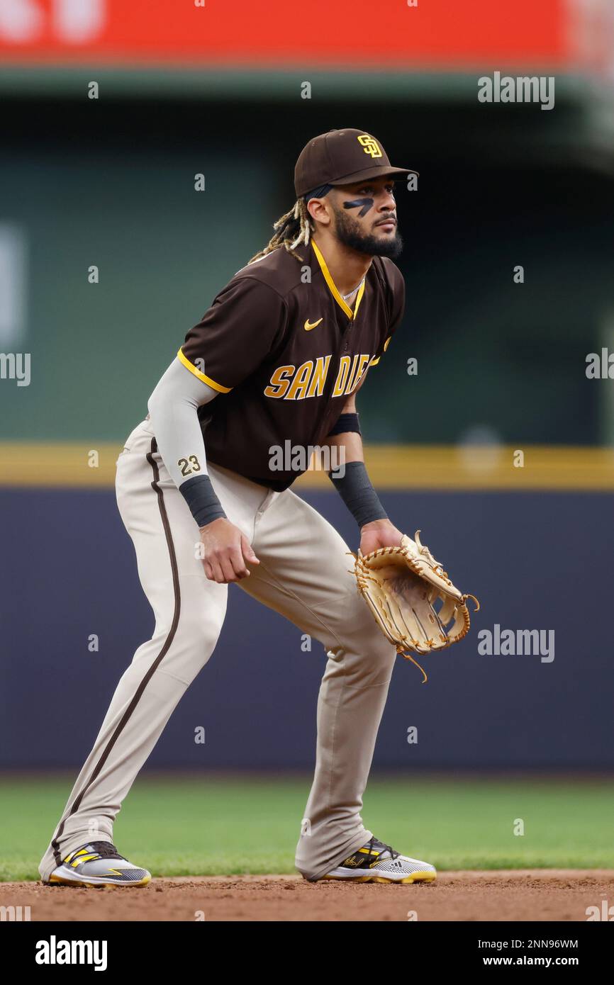 MILWAUKEE, WI - MAY 27: San Diego Padres infielder Fernando Tatis Jr. (23)  fields his position at shortstop during the MLB game against the Milwaukee  Brewers on May 27, 2021 at American