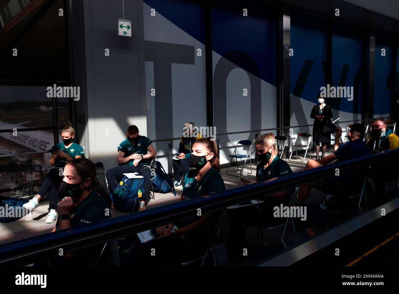 Australian softball national team players wait for the antigen test