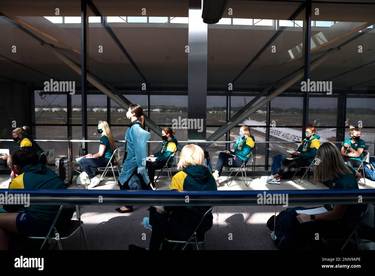 Australian softball national team players wait for the antigen test