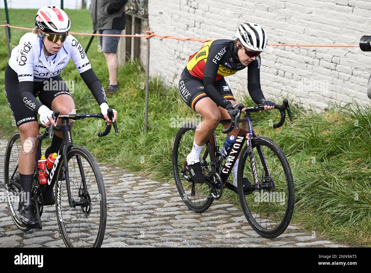 Belgian Kim De Baat of Fenix-Deceuninck pictured in action during the  women's one-day cycling race Omloop Het Nieuwsblad, for the first time part  of the Women's World Tour races, 132,2 km from