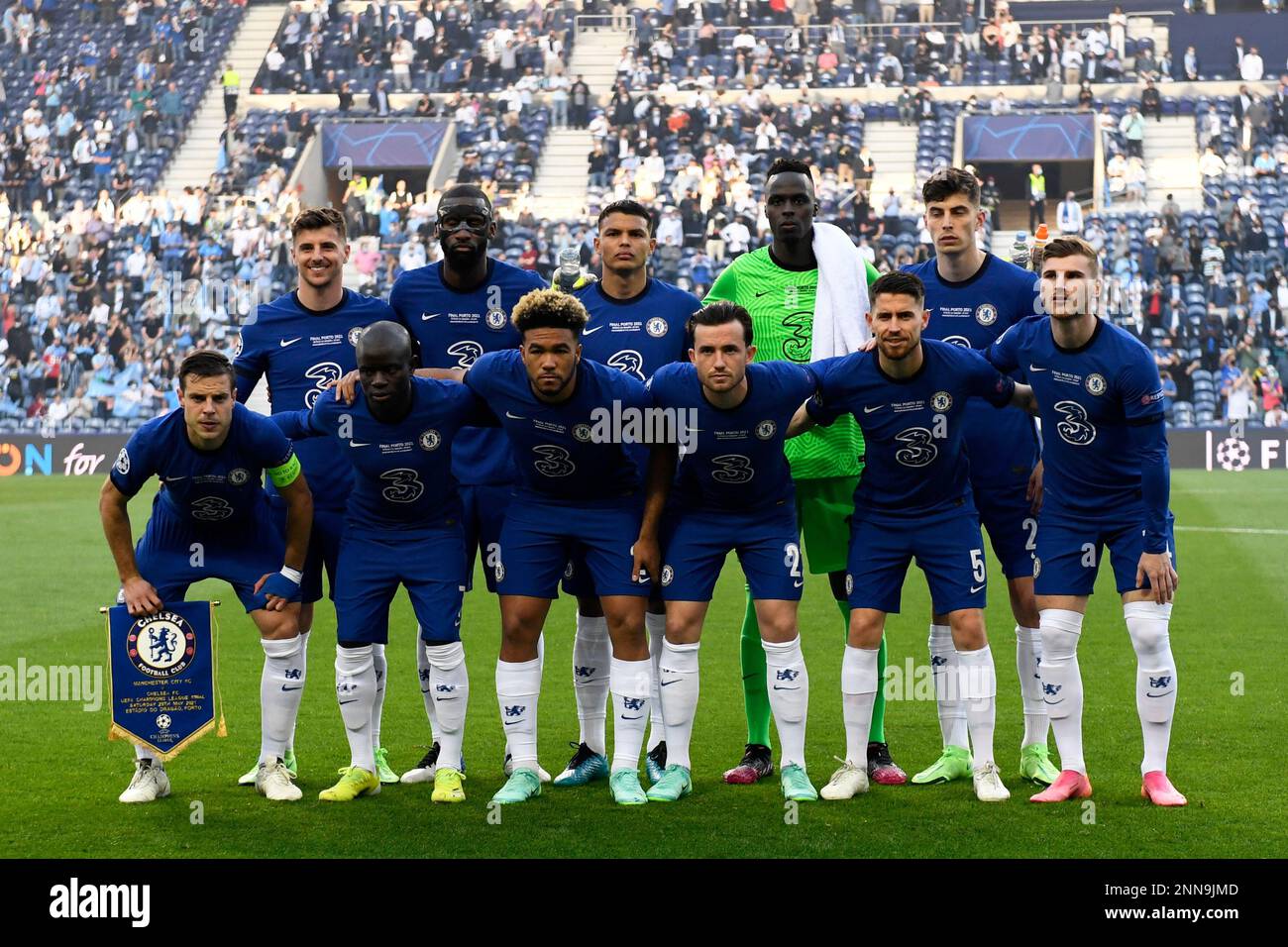 Chelsea players pose before the Champions League final soccer match between  Manchester City and Chelsea at the Dragao Stadium in Porto, Portugal,  Saturday, May 29, 2021. (Pierre Philippe Marcou/Pool via AP Stock