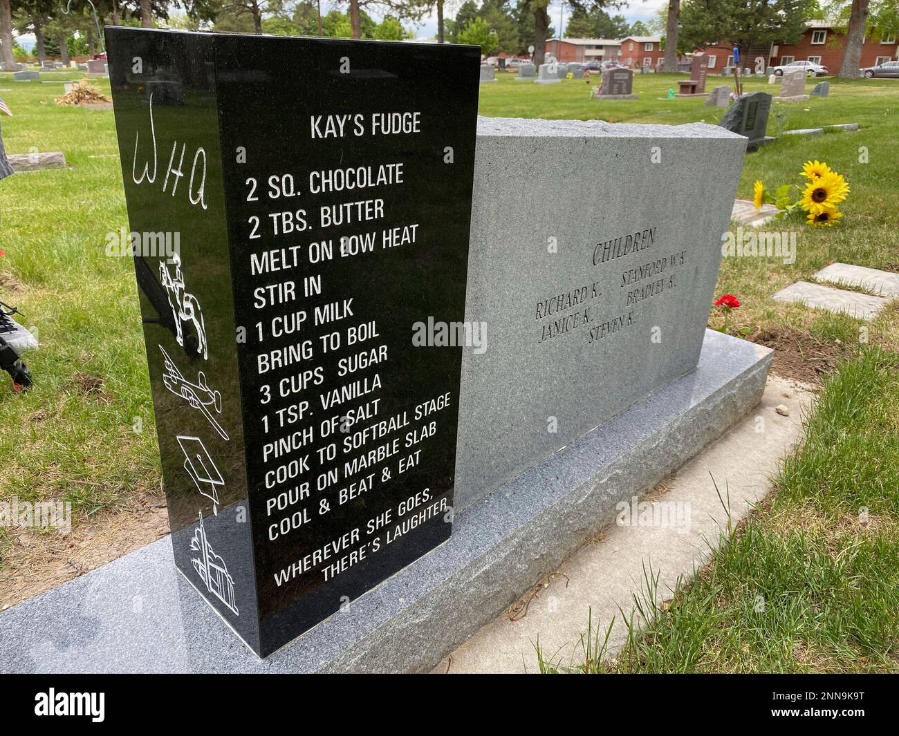 A headstone displays a recipe for Kay's Fudge in the Logan Cemetery, on