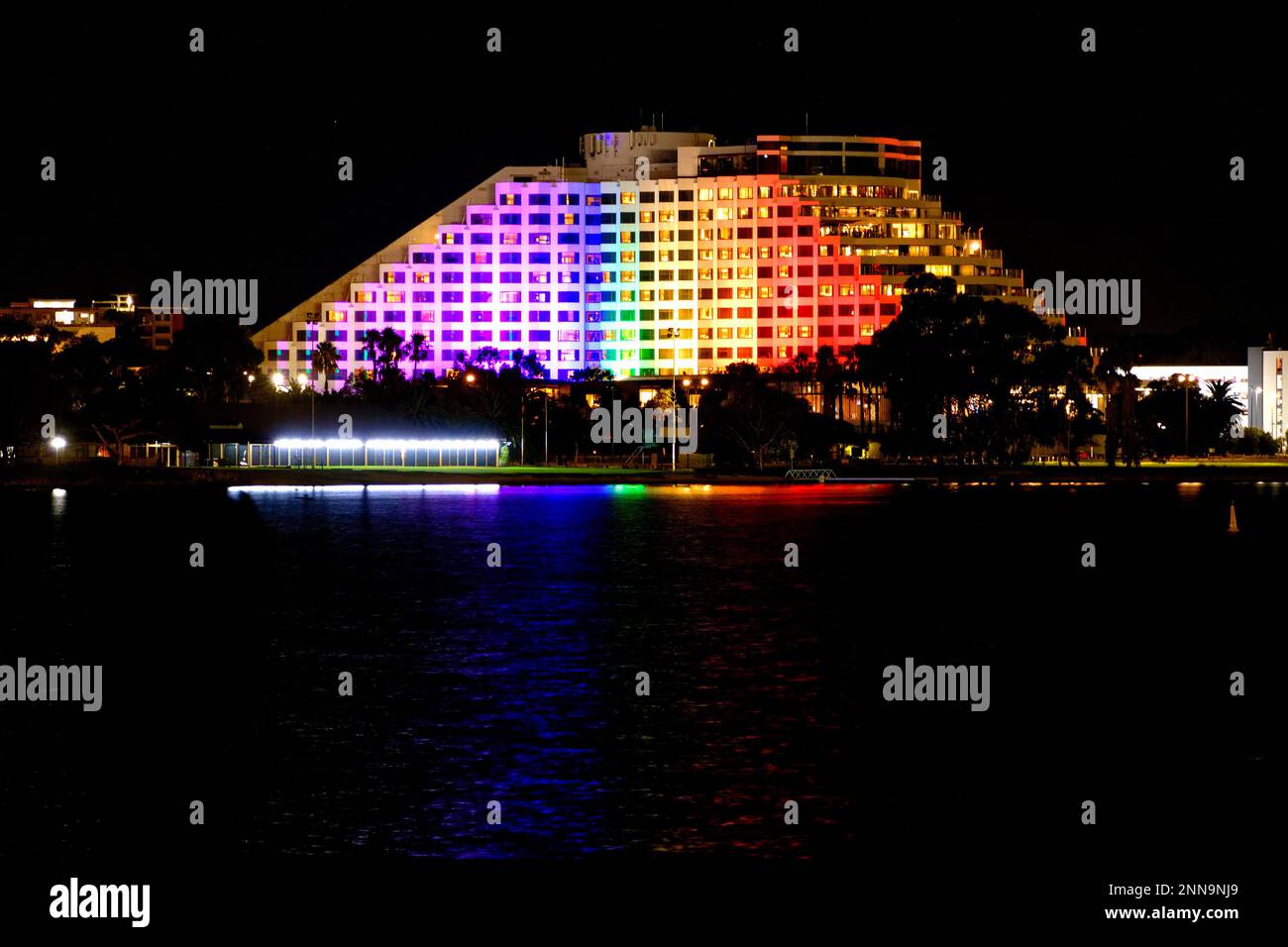 Crown resort casino complex at night, Burswood, Perth, Western Australia Stock Photo