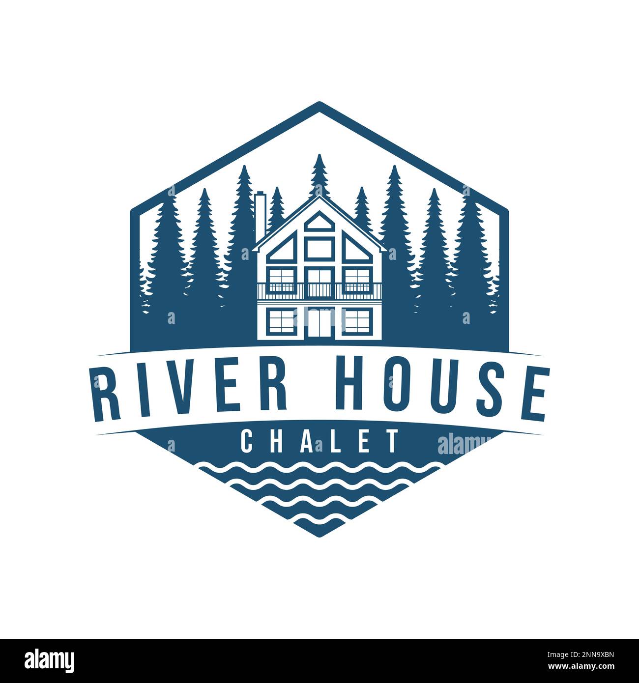 Hand drawn house and trees logo design. River house chalet emblem