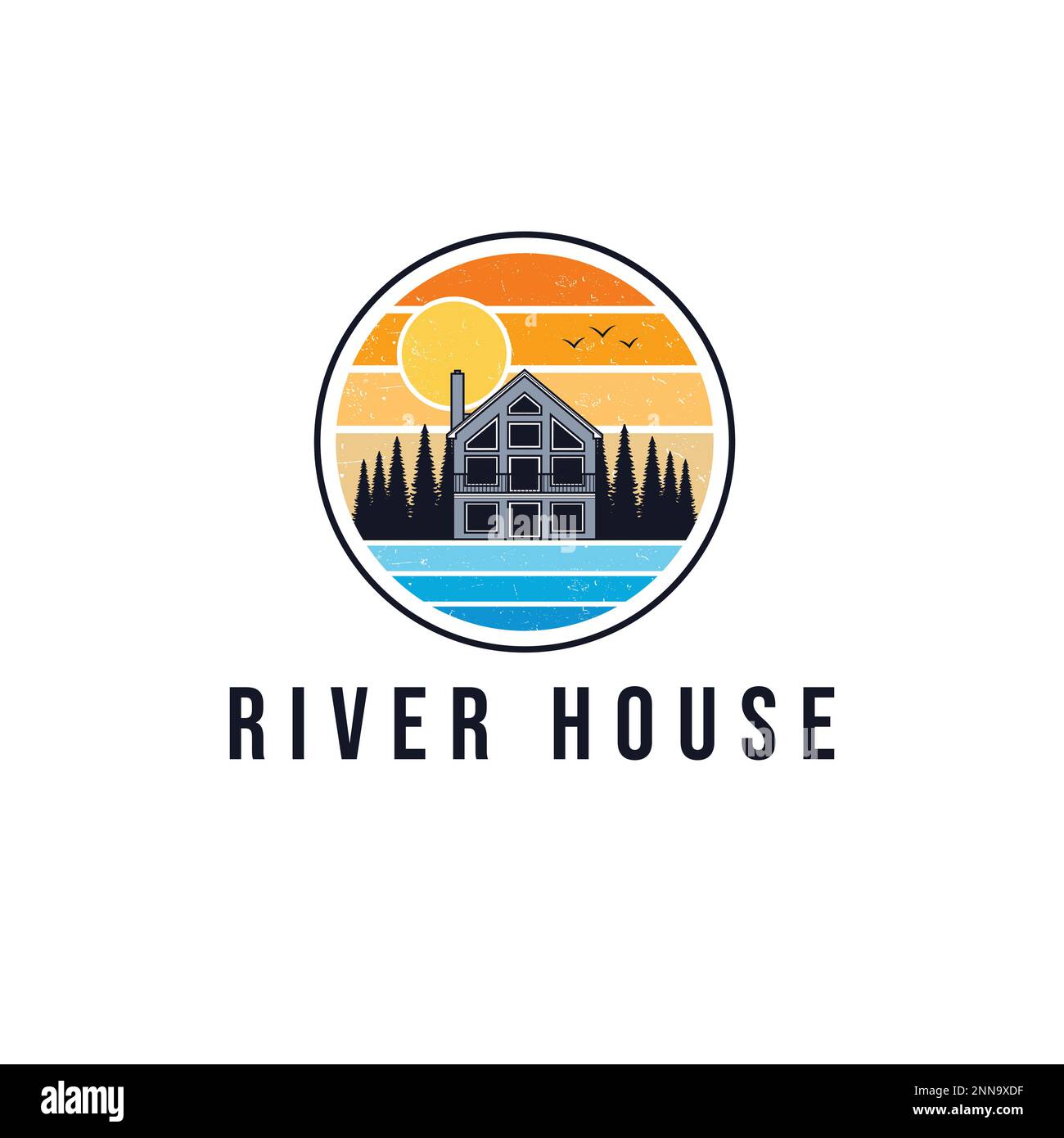 Hand drawn house and trees logo design. River house chalet emblem