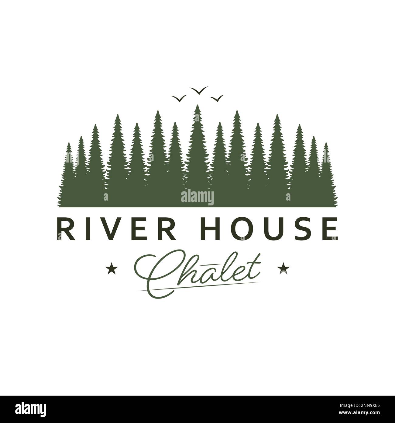 Hand drawn forest logo design. River house emblem. Luxury real estate