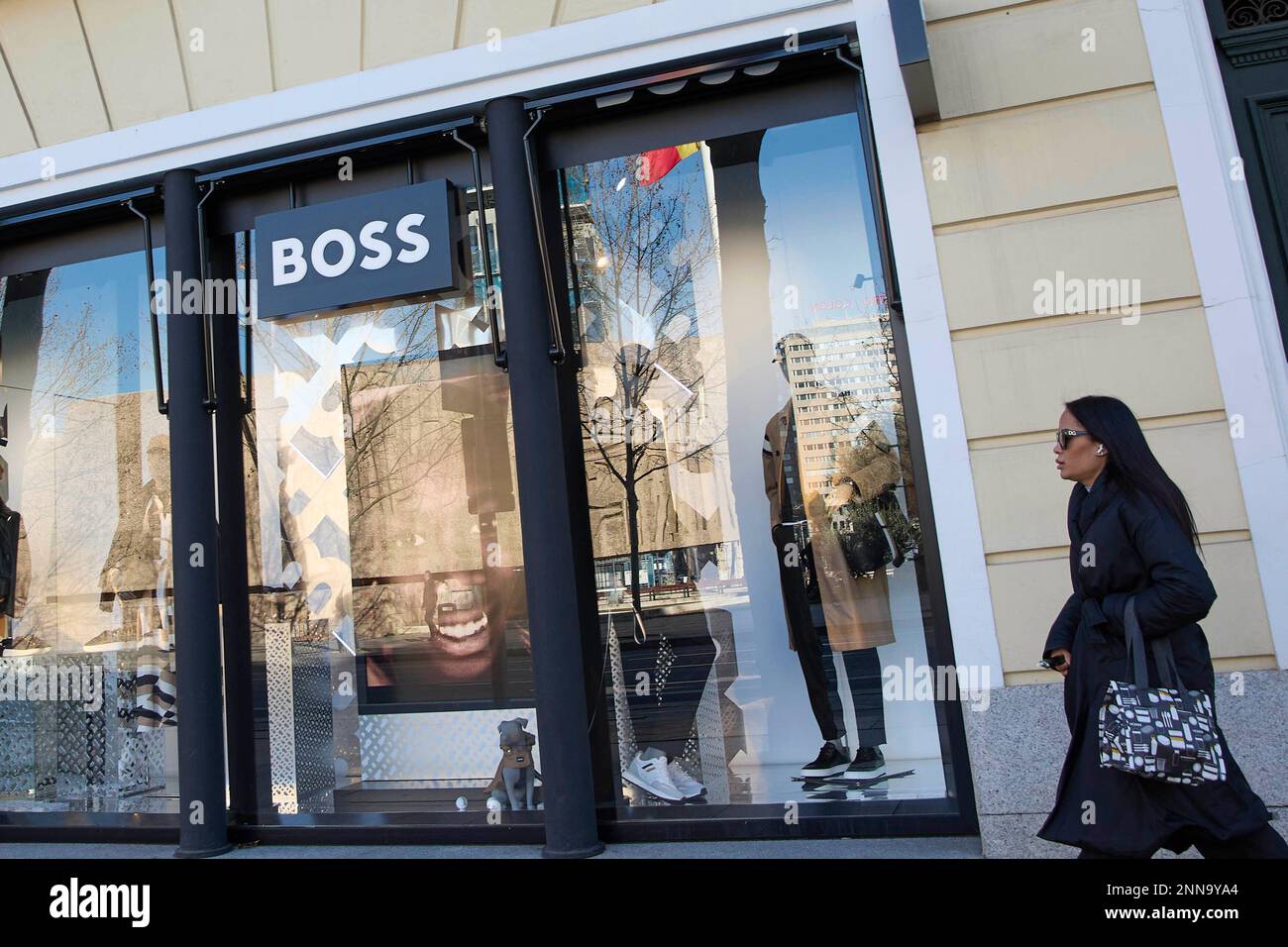 Façade and window displays of the Boss store by Hugo Boss, in the Salamanca  district, on February 25, 2023, in Madrid (Spain). The Salamanca district  is one of the most important commercial