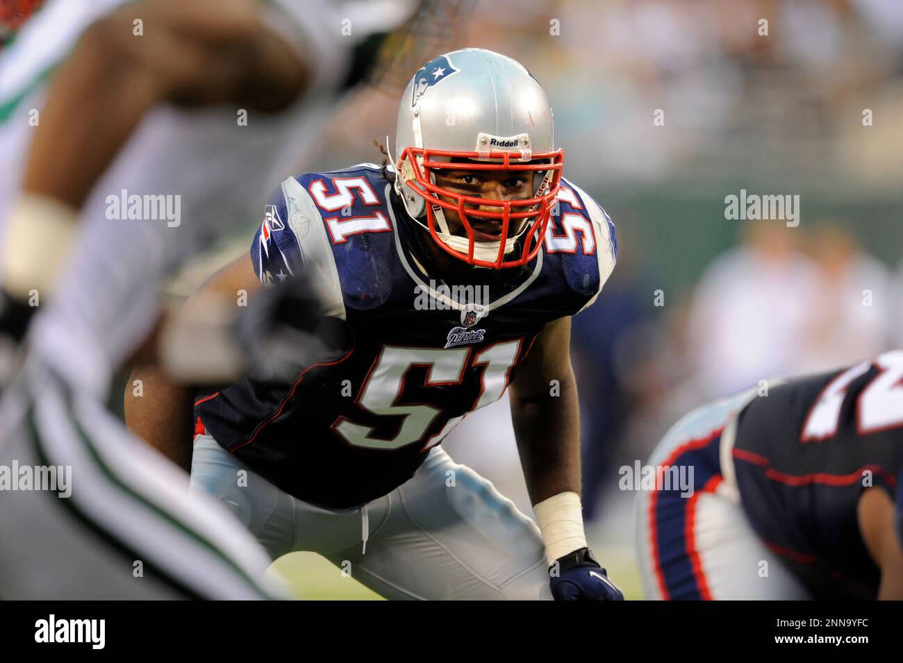 19 September 2010: New England Patriots linebacker Jerod Mayo (51) during  the Jets 28-14 win over the Patriots at the New Meadowlands Stadium in East  Rutherford, New Jersey The Jets defeated the