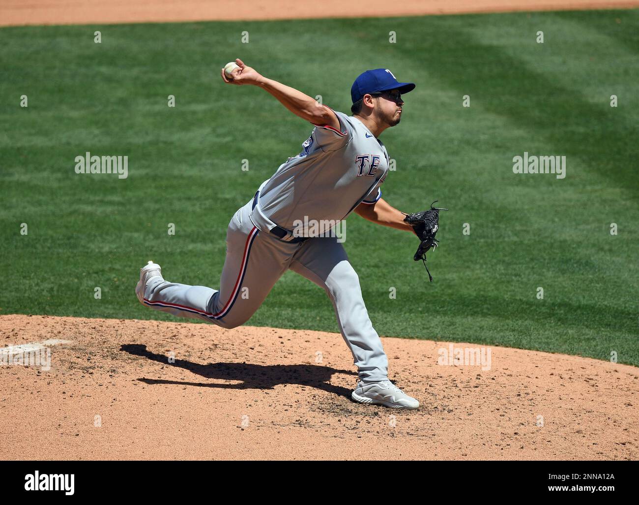 ANAHEIM, CA - MAY 26: Texas Rangers pitcher Dane Dunning (33) pitching ...