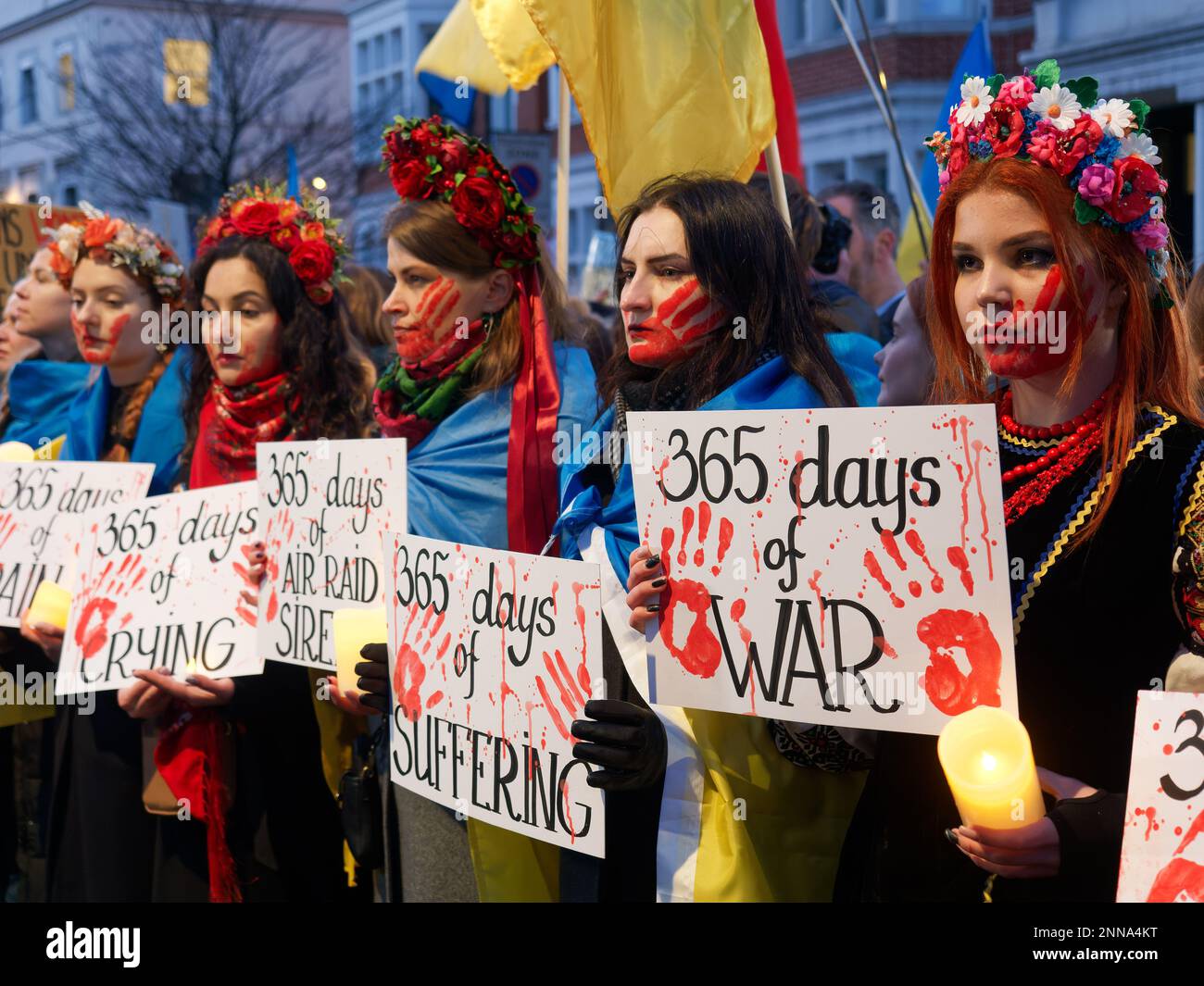 Protesters at a candle lit vigil by the Russian Consulate in London on the first anniversary of the invasion of Ukraine 24 February 2023 Stock Photo