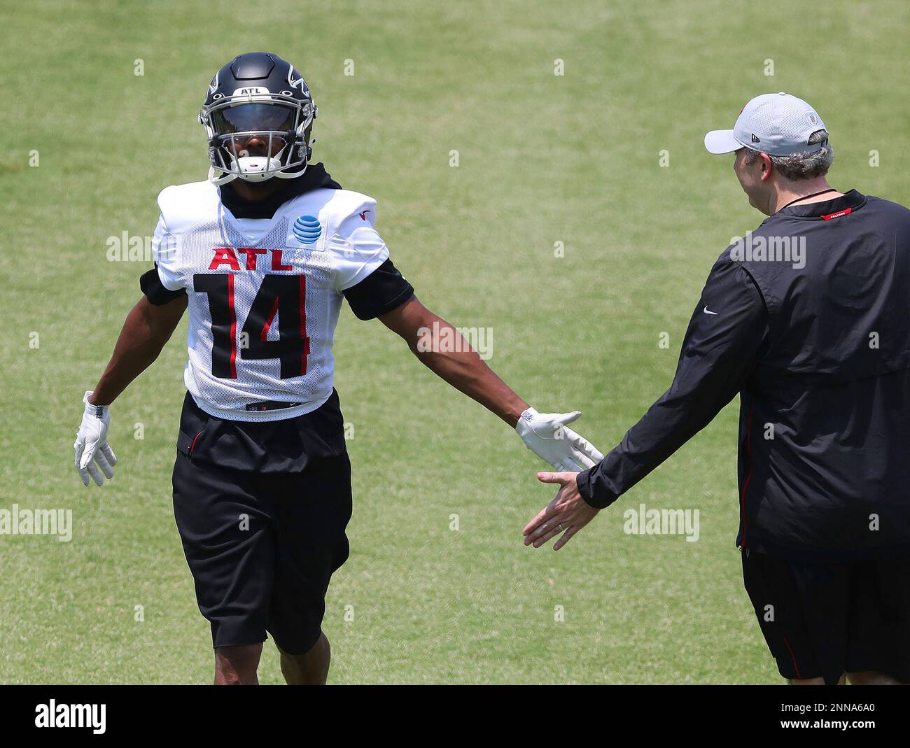 Atlanta Falcons wide receiver Russell Gage gets five from head coach