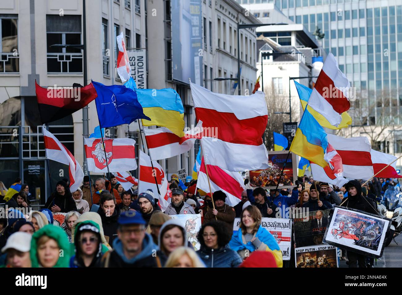Brussels, Belgium. 25th Feb, 2023. Several thousand people take part in a demonstration for the first anniversary of the Russian invasion in Brussels, Belgium on Feb. 25, 2023. Credit: ALEXANDROS MICHAILIDIS/Alamy Live News Stock Photo