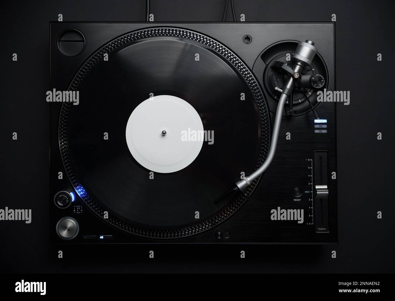Dj turntable in flat lay. Professional hi fi turn table player for disc jockey shot directly from above Stock Photo