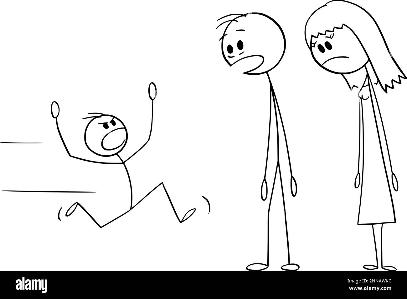 Parents Looking at Naughty Child , Vector Cartoon Stick Figure ...