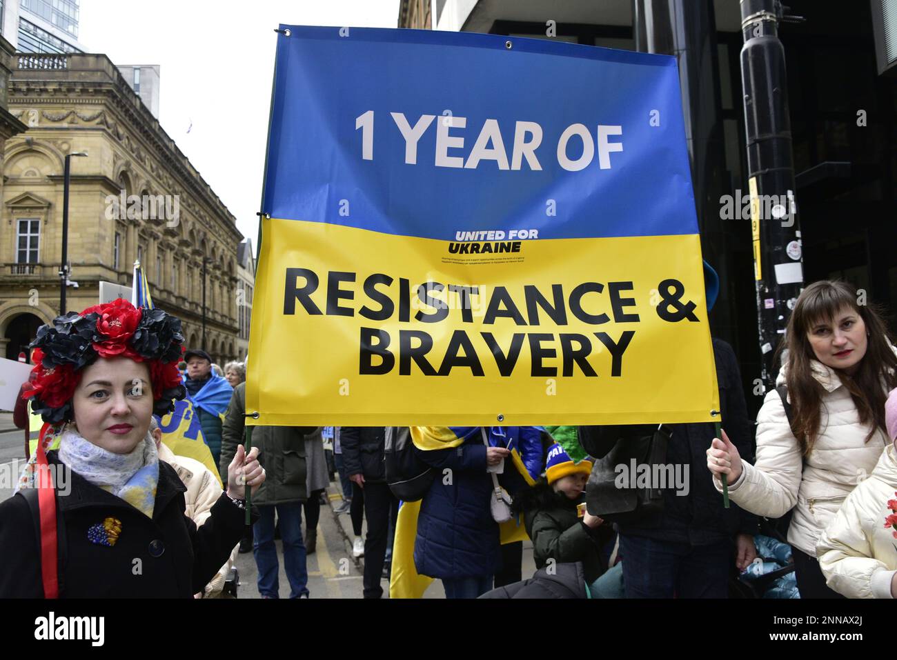 Manchester, UK, 25th February, 2023. Protest march through central Manchester, UK, about the Russian invasion of Ukraine on the day after the first anniversary of Russia's illegal invasion of Ukraine. The march and the rally afterwards in Piccadilly Gardens were organised by the Ukrainian Cultural Centre AUGB Manchester. Credit: Terry Waller/Alamy Live News Stock Photo