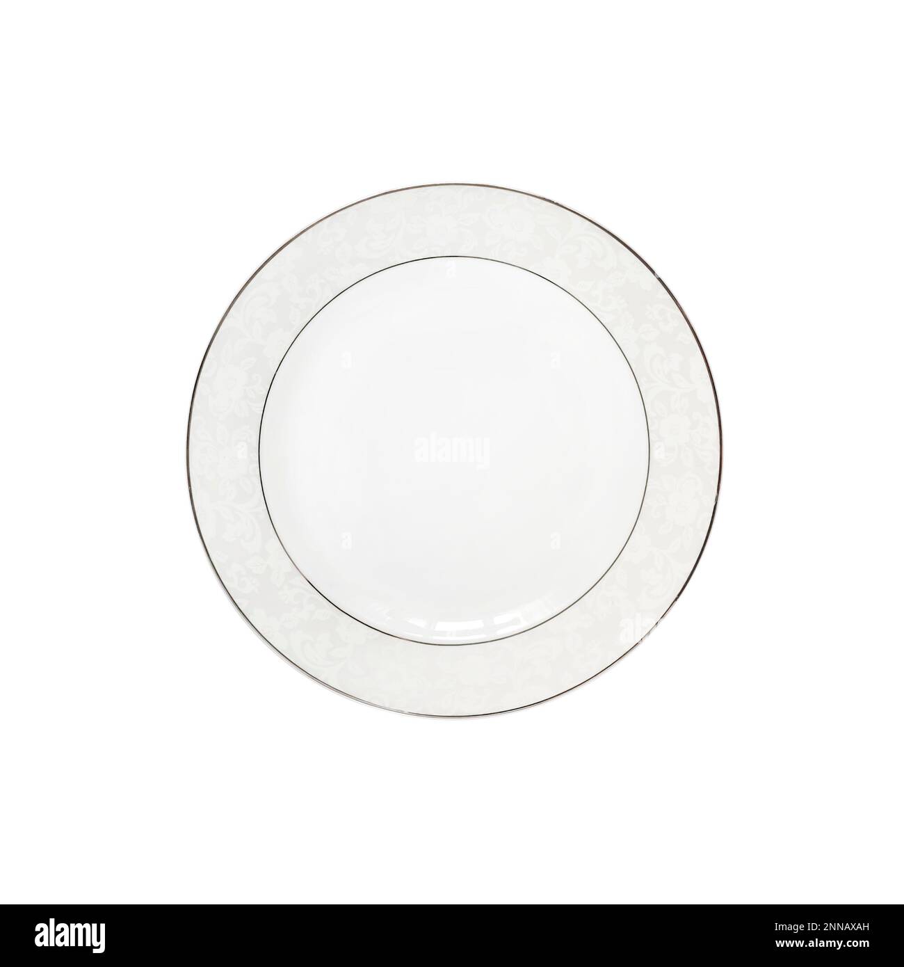 White ceramic plate isolated on white background. Flat lay, top view