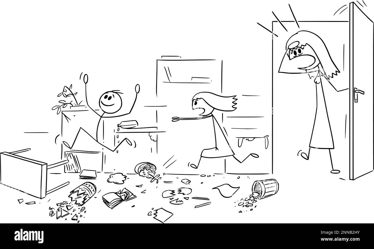 Shocked Mother Returning Home, Room Destroyed By Children , Vector Cartoon Stick Figure Illustration Stock Vector