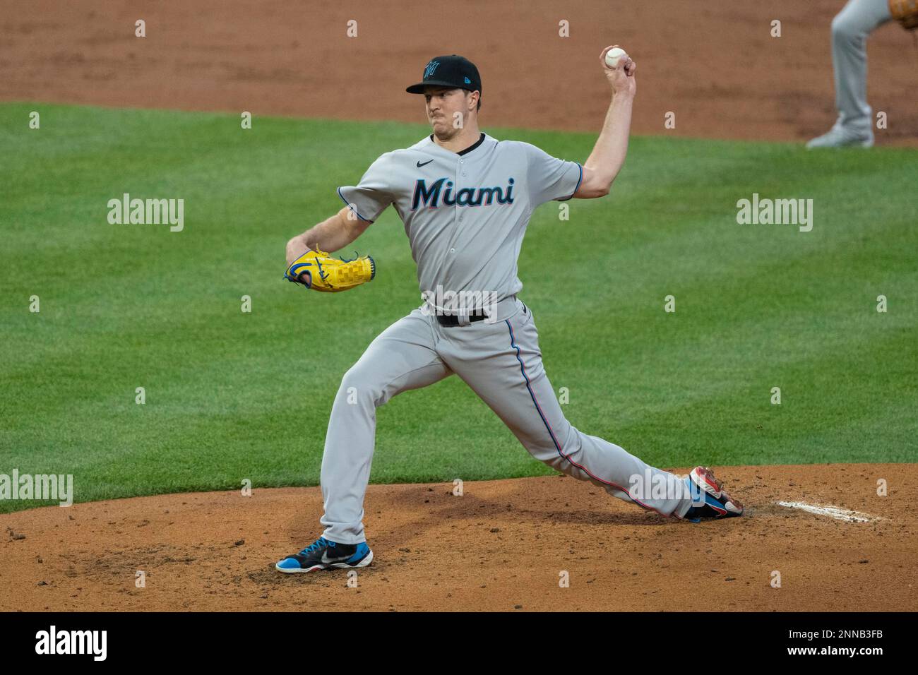 Miami Marlins pitcher Trevor Rogers (28) pitches during the third