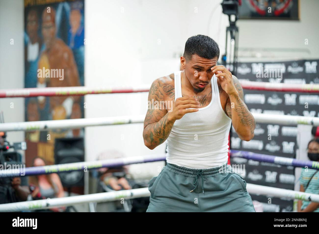 LAS VEGAS, NV - MAY 18: Luis Arias shows off his skills in the ring for the  media workout at the Floyd Mayweather vs Logan Paul Media Event at  Mayweather Boxing Gym