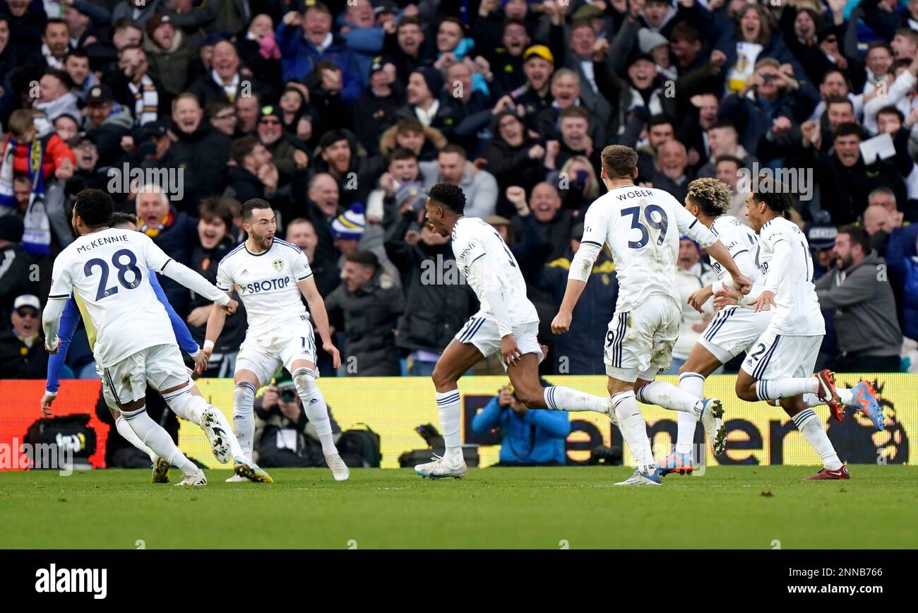 Leeds United's Junior Firpo (centre) celebrates scoring their side's first goal of the game during the Premier League match at Elland Road, Leeds. Picture date: Saturday February 25, 2023. Stock Photo