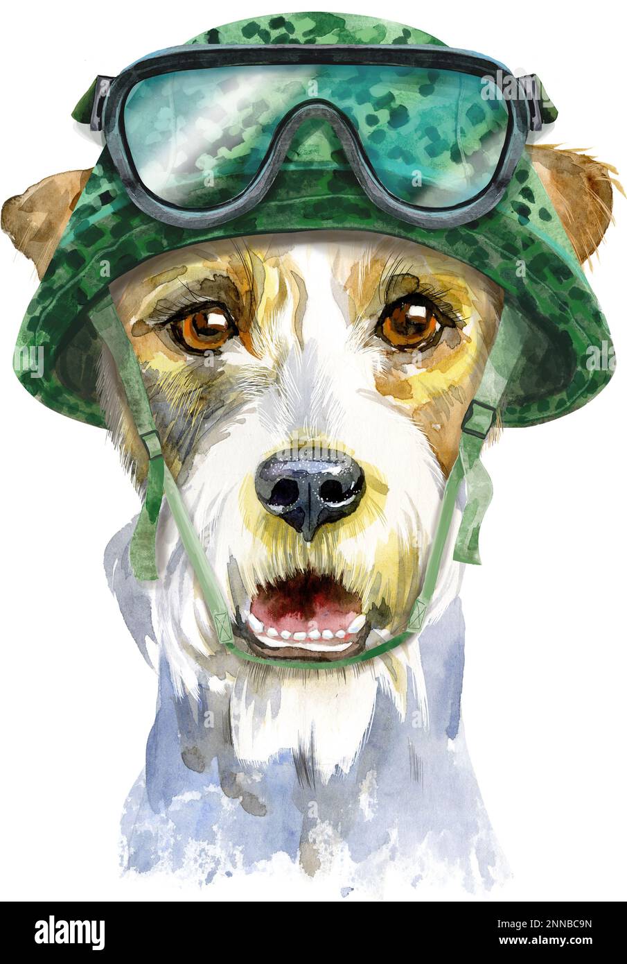 Cute Dog in military tactical helmet. Dog Tshirt graphics. watercolor airedale terrier
