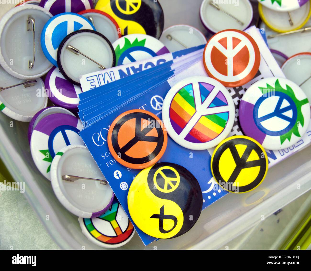 Glasgow, Scotland, UK 25th February, 2023. Glasgow CND on sauchiehall street handing out leaflets and badges for a nuclear free scotland.  Credit Gerard Ferry/Alamy Live News Stock Photo