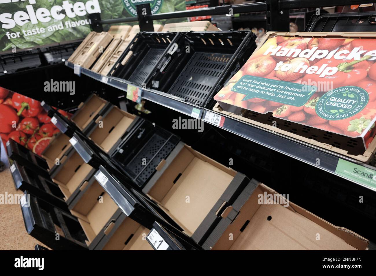 Empty fruit and vegetable shelves at an Asda in east London. National