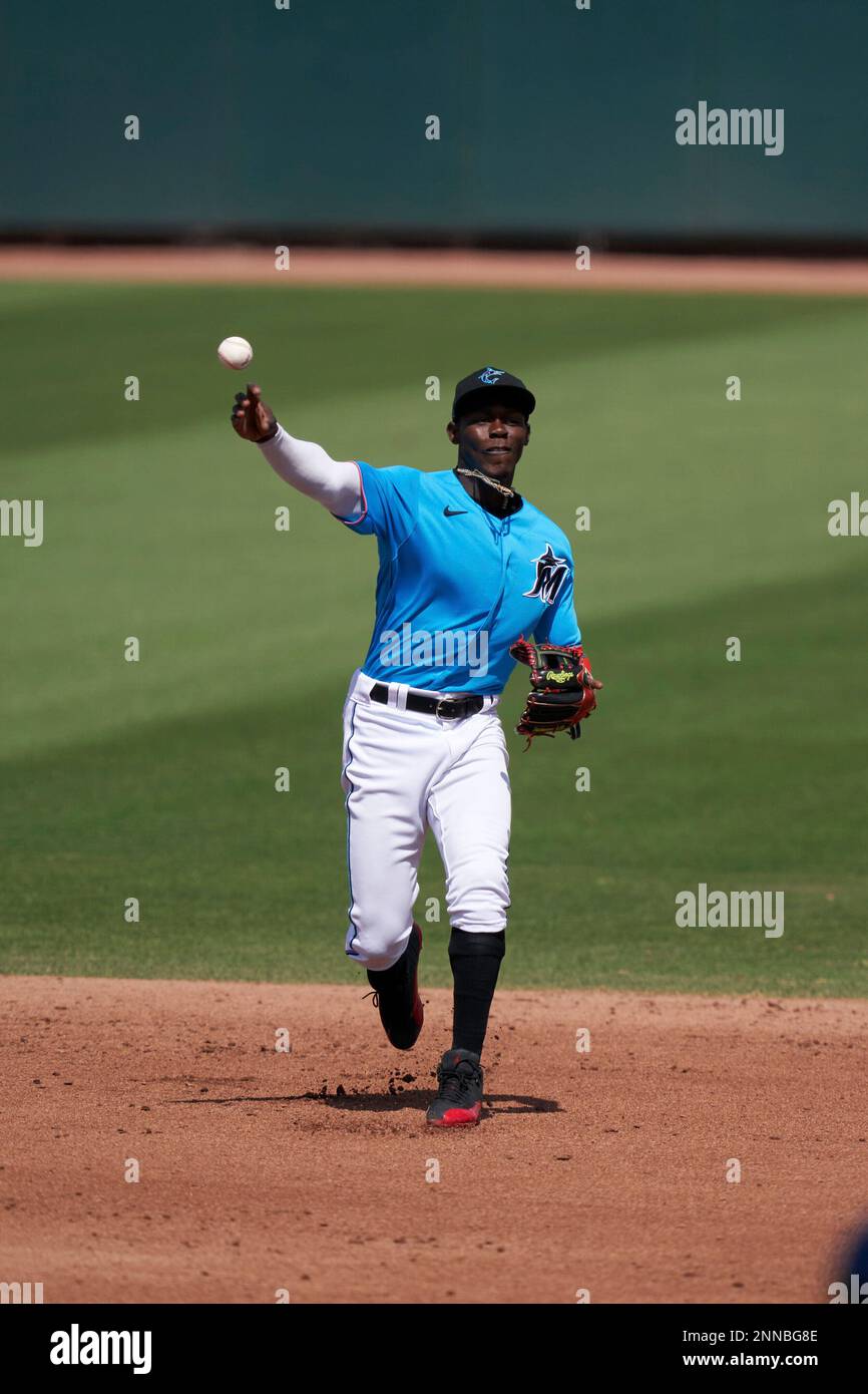 Miami Marlins second baseman Jazz Chisholm Jr. catches a ball hit by Tampa  Bay Rays' Ronny Simon during the third inning of a spring training baseball  game, Saturday, March 11, 2023, in