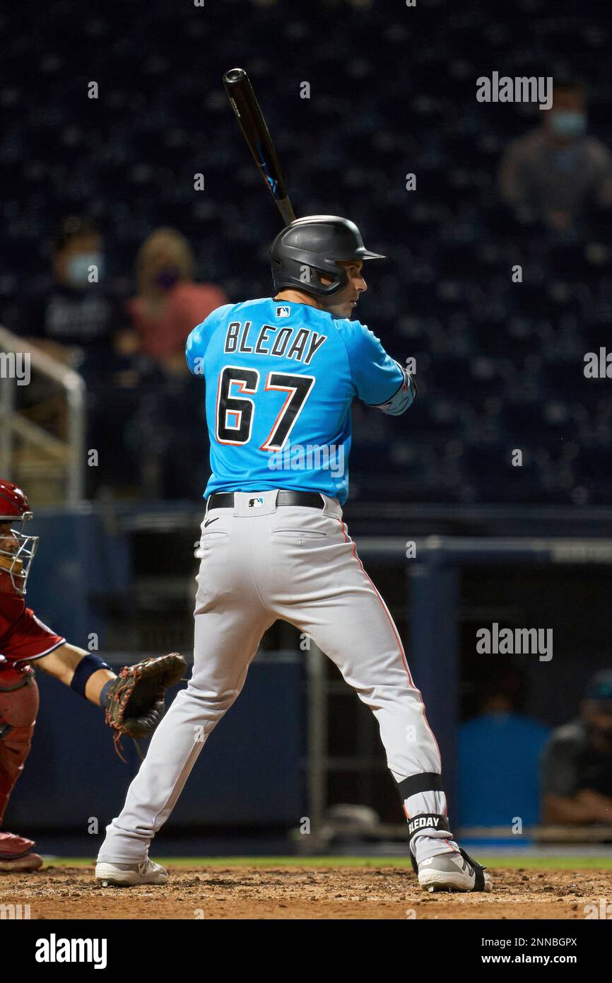 Miami Marlins JJ Bleday (67) bats during a Major League Spring Training  game against the Washington Nationals on March 20, 2021 at FITTEAM Ballpark  of the Palm Beaches in Palm Beach, Florida. (