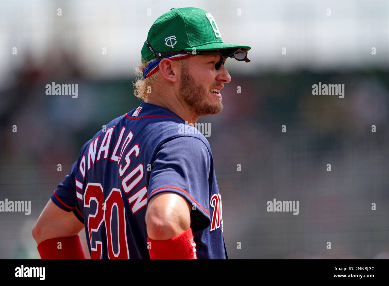 Minnesota Twins third baseman Josh Donaldson (20) is shown during a spring  training baseball game against the Boston Red Sox Thursday, March 11, 2021,  in Fort Myers, Fla.. (AP Photo/John Bazemore Stock