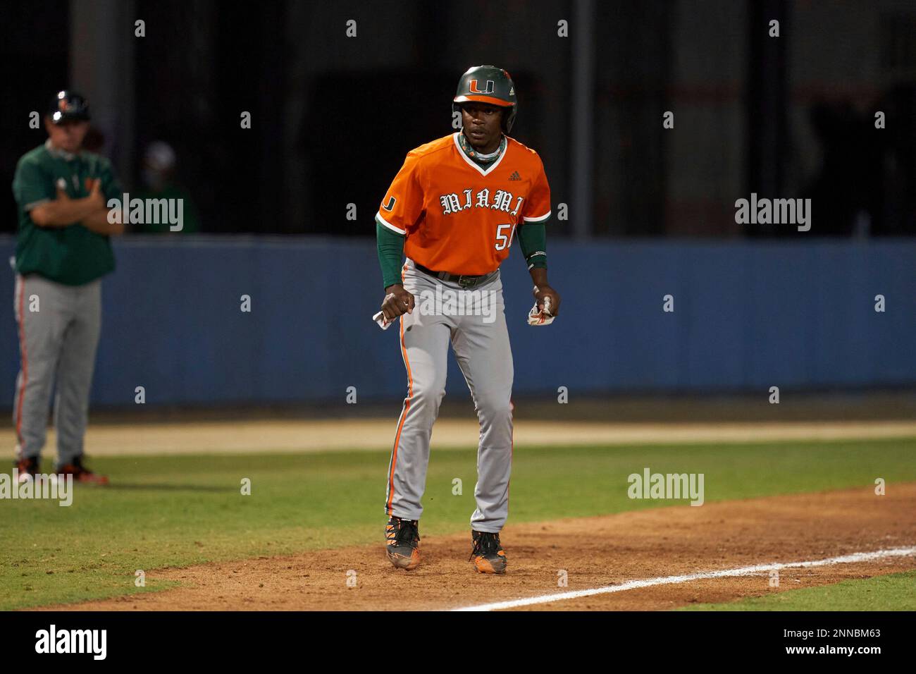 Miami Hurricanes Jose Izarra (41) bats during an NCAA game against the  Florida Gulf Coast Eagles on March 17, 2021 at the Swanson Stadium in Fort  Myers, Florida. (Mike Janes/Four Seam Images