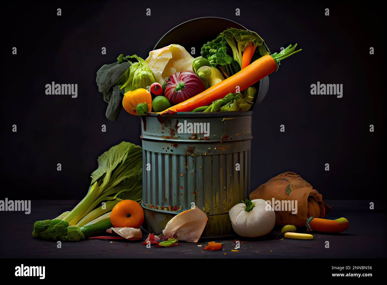 Generative AI illustration of Unused, rotten veggies are disposed of in