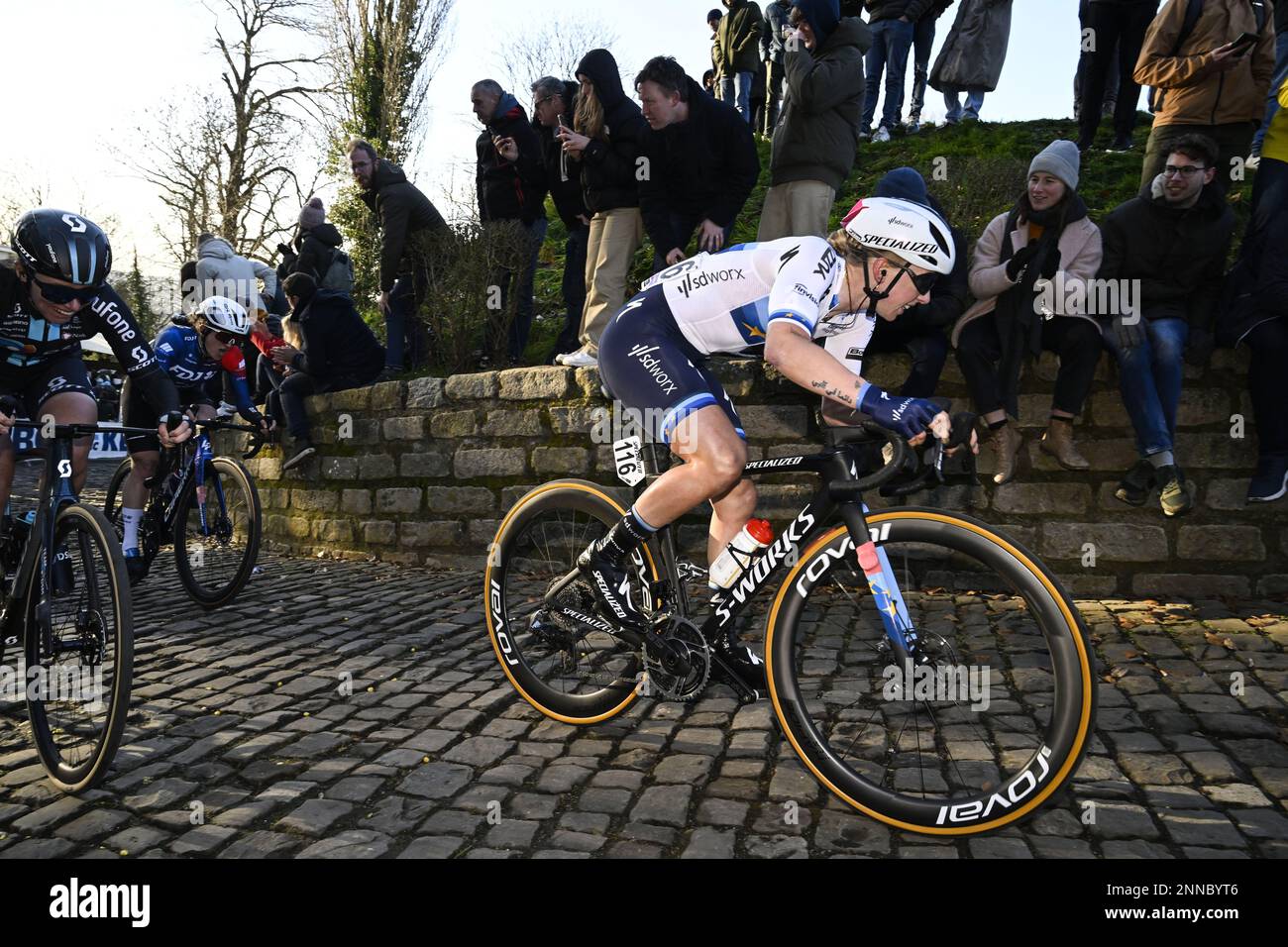 Dutch Lorena Wiebes of SD Worx pictured in action during the women's one-day cycling race Omloop Het Nieuwsblad, for the first time part of the Women's World Tour races, 132,2 km from Gent to Ninove, Saturday 25 February 2023. BELGA PHOTO TOM GOYVAERTS Stock Photo