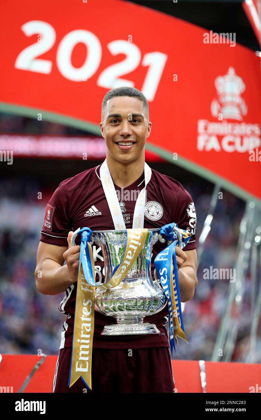 Leicester's Youri Tielemans poses with the trophy after winning the FA Cup  final soccer match between Chelsea and Leicester City at Wembley Stadium in  London, England, Saturday, May 15, 2021. Tielemans scored