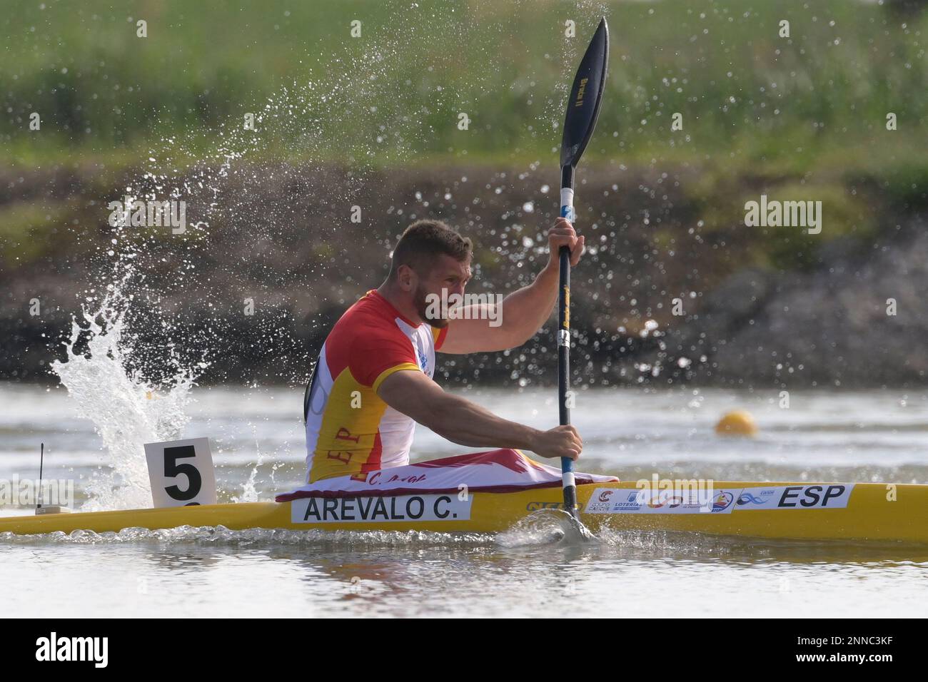 Carlos Arevalo of Spain competes in a preliminary heat of men's K1 200m  race at the the ICF Canoe Kayak Sprint World Cup in Szeged, Hungary,  Saturday, May 15, 2021. (Szilard Koszticsak/MTI