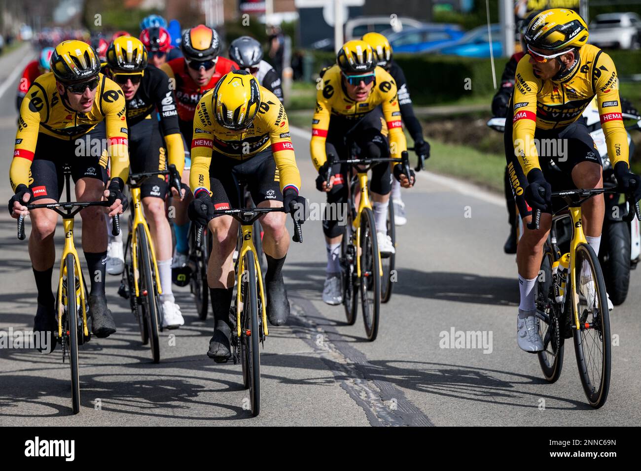 Dutch Timo Roosen of Jumbo-Visma and French Christophe Laporte of Jumbo-Visma pictured in action during the 78th edition of the men's one-day cycling race Omloop Het Nieuwsblad, 207,3 km from Gent to Ninove, Saturday 25 February 2023. BELGA PHOTO JASPER JACOBS Stock Photo