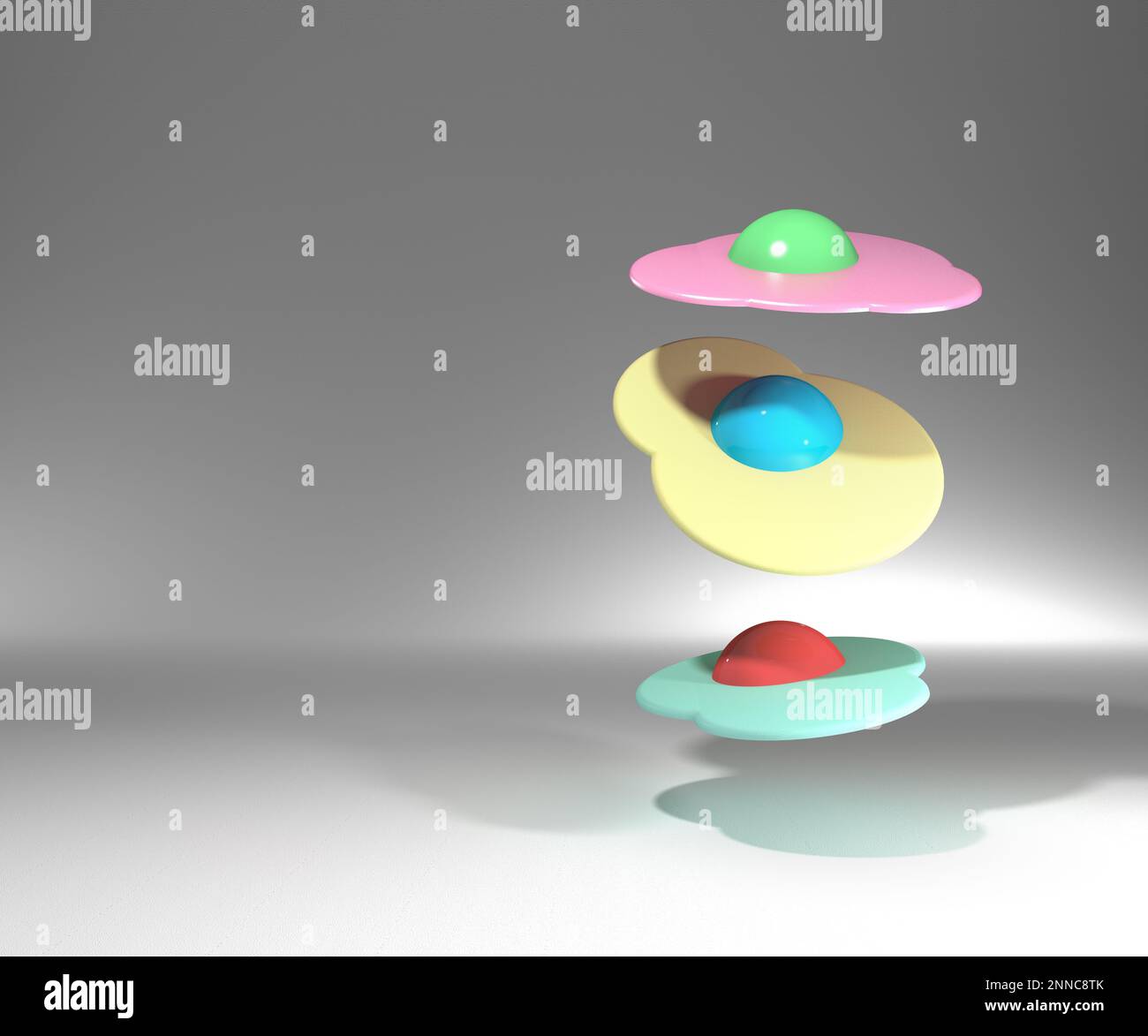 Colorful fried eggs with pastel yokes and whites. Funny Easter 3D