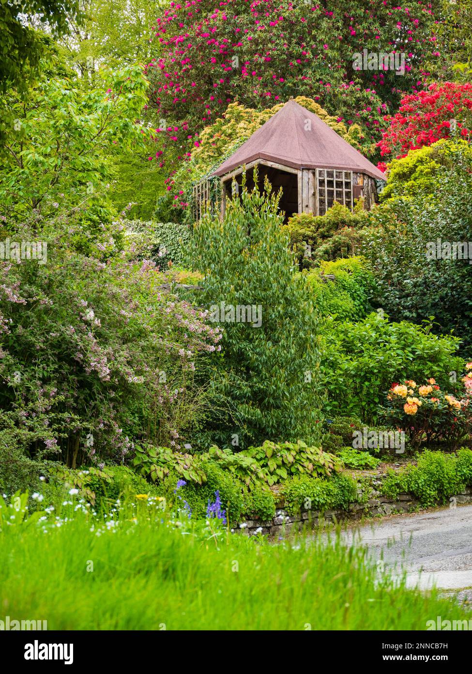 View towards the Ovals garden summerhouse at The Garden House, Buckland Monachorum, Devon, UK Stock Photo