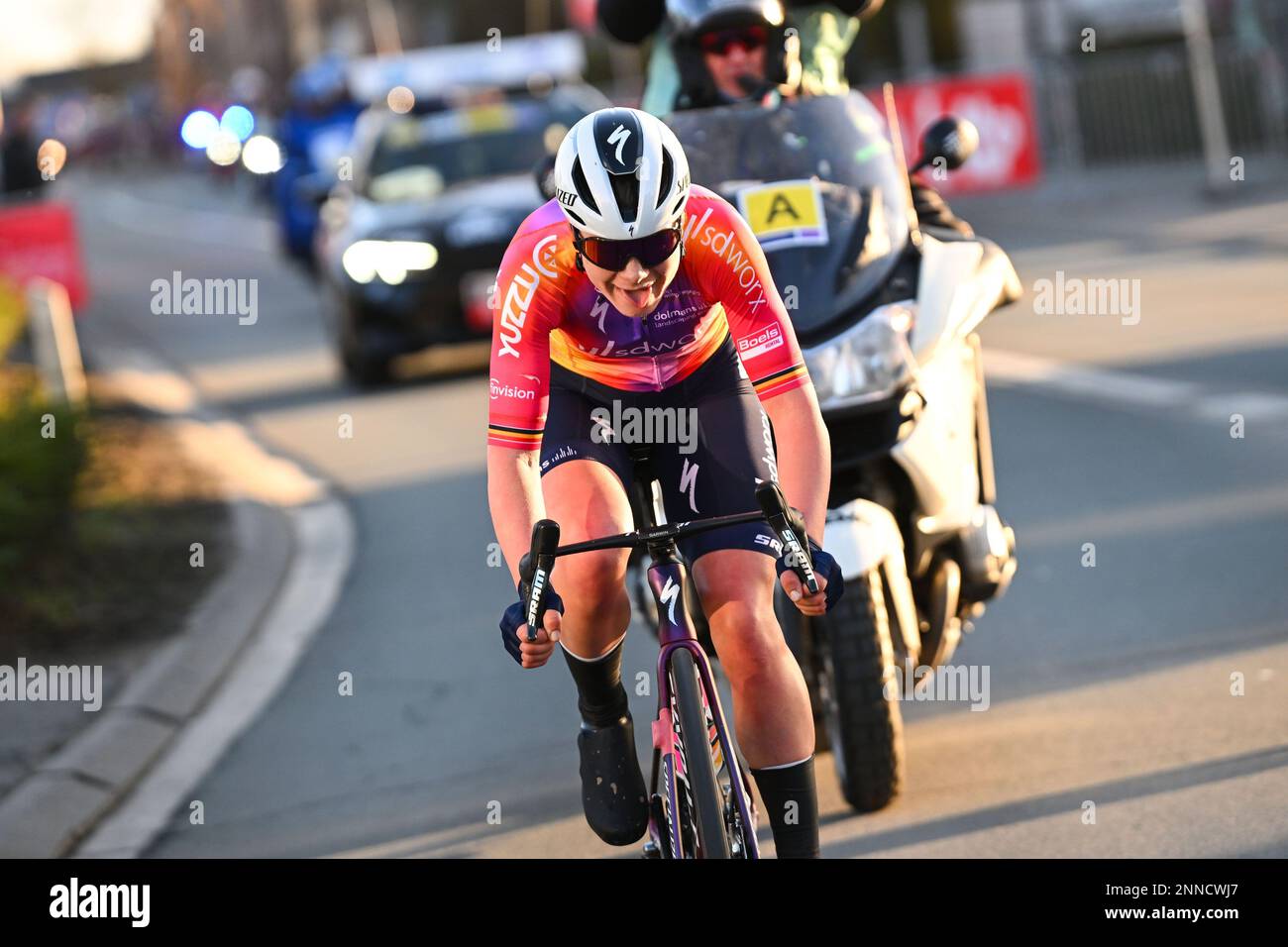 Belgian Lotte Kopecky of SD Worx pictured in action during the women's one-day cycling race Omloop Het Nieuwsblad, for the first time part of the Women's World Tour races, 132,2 km from Gent to Ninove, Saturday 25 February 2023. BELGA PHOTO POOL DAVID STOCKMAN Stock Photo