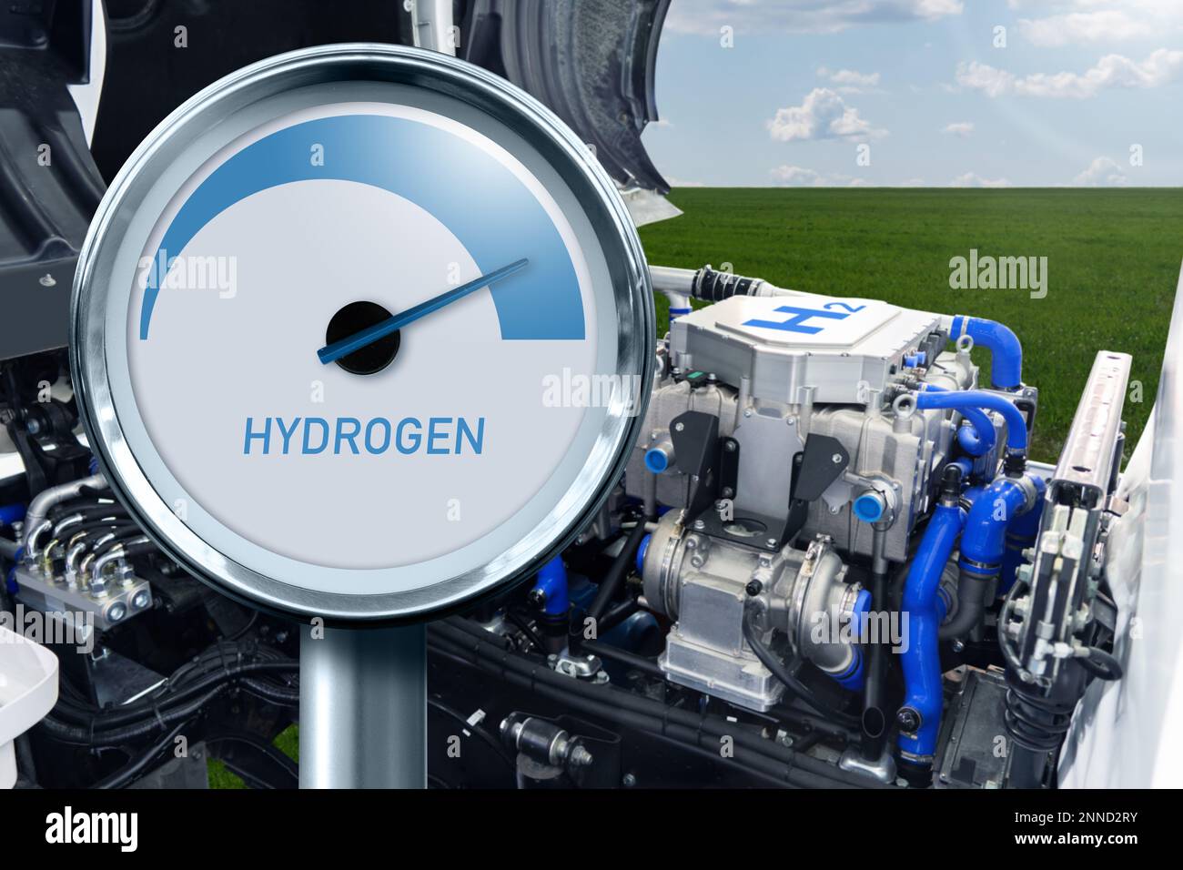 Hydrogen gauge on a background of fuel cell hydrogen truck engine Stock