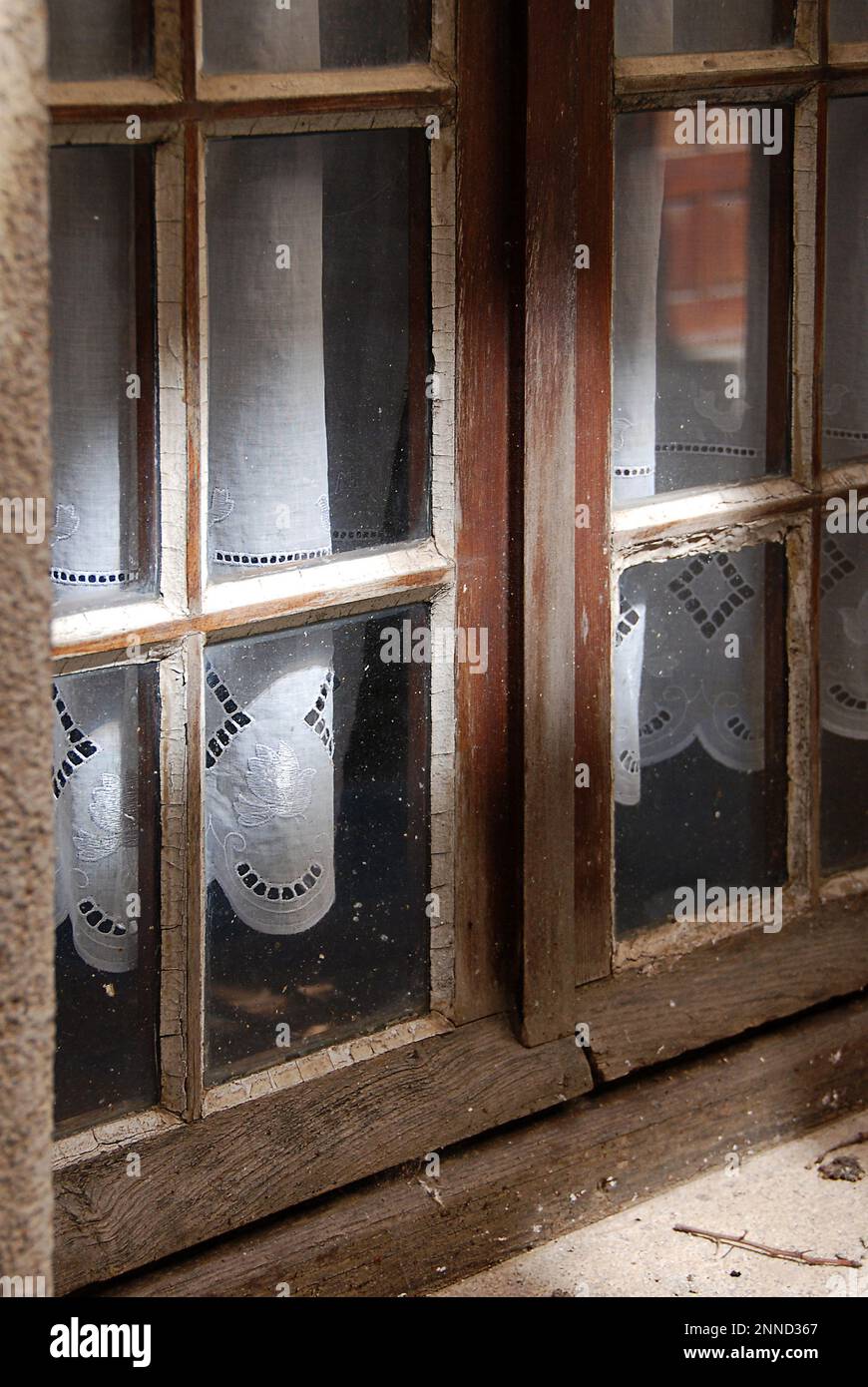 Weathered wooden lattice window with cotton curtains Stock Photo - Alamy