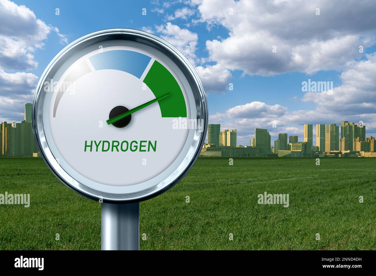 Hydrogen gauge with tree colors - gray, blue and green. Green hydrogen production concept Stock Photo