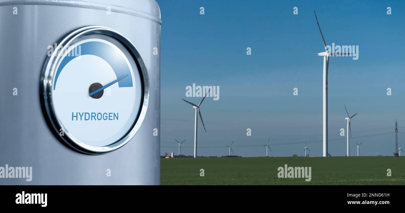 Hydrogen gauge on a background of H2 factory using renewable energy. Green hydrogen production concept Stock Photo