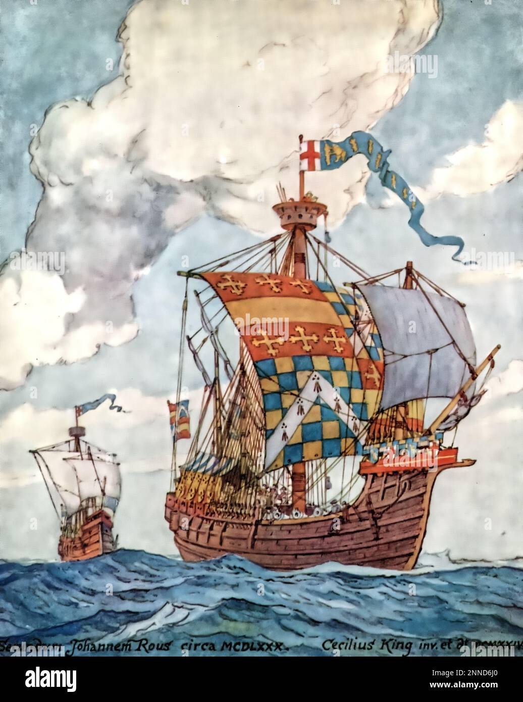 An English 15th century ship based on The Pageants of Richard Beauchamp, Earl of Warwick (1382-1439), c1927. By Cecil King (1881-1942), after John Rous (d1492). Stock Photo