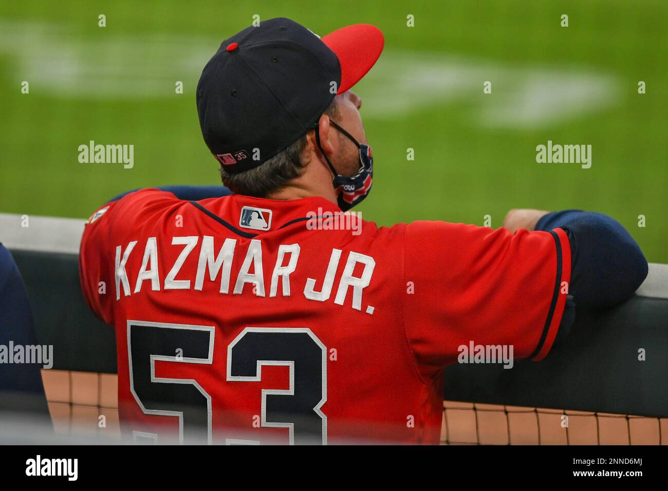 ATLANTA, GA – MAY 07: Atlanta shortstop Sean Kazmar Jr. (53) in the dugout  during the MLB game between the Philadelphia Phillies and the Atlanta  Braves on May 7th, 2021 at Truist