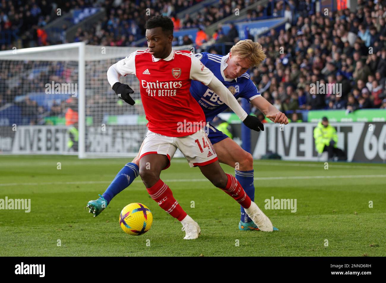 Leicester, UK. 25th Feb 2023. Arsenal's Eddie Nketiah is challenged by Leicester City's Victor Kristiansen during the second half of the Premier League match between Leicester City and Arsenal at the King Power Stadium, Leicester on Saturday 25th February 2023. (Photo: John Cripps | MI News) Credit: MI News & Sport /Alamy Live News Stock Photo